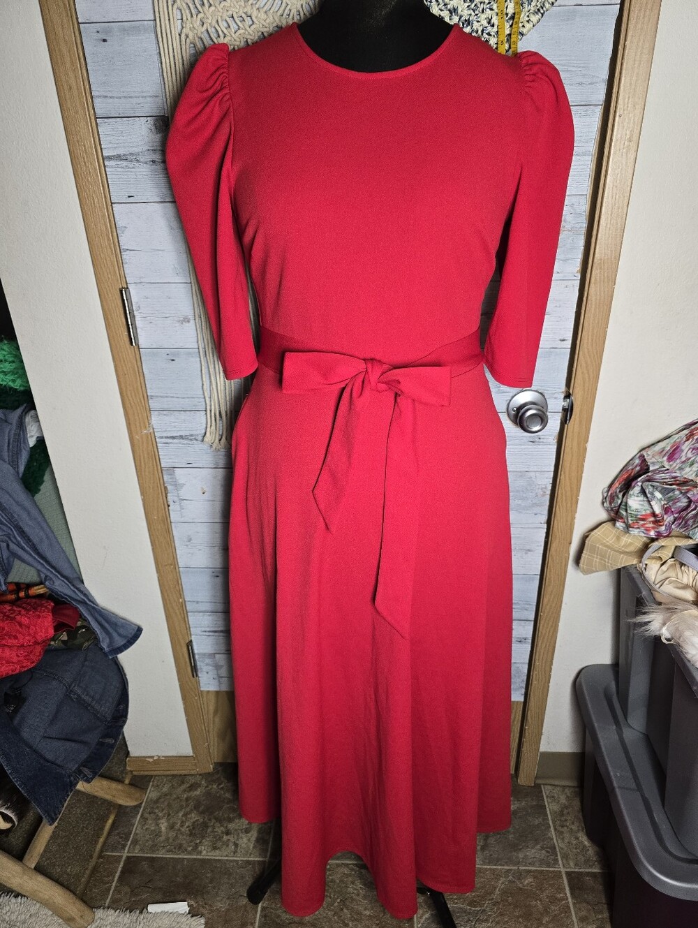 Vtg 70's Red Rockabilly Pin Up Classic Americana Prairie Tie-Waist Maxi Dress